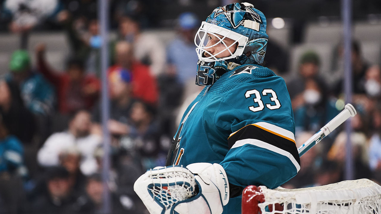 SAN JOSE, CA - MARCH 12: San Jose Sharks goaltender Adin Hill (33) waits for a faceoff during the NHL game between the San Jose Sharks and the Los Angeles Kings on March 12, 2022 at SAP Center in San Jose, CA.