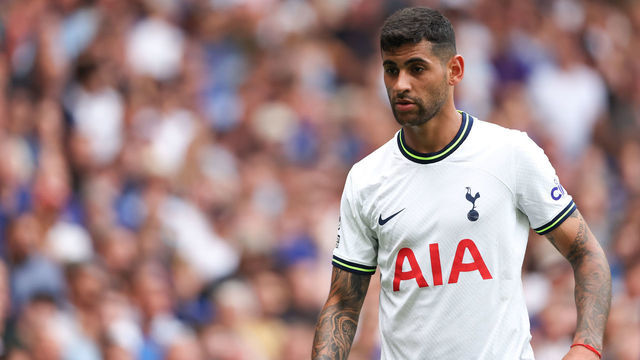 LONDON, ENGLAND - AUGUST 14: Cristian Romero of Tottenham Hotspur during the Premier League match between Chelsea FC and Tottenham Hotspur at Stamford Bridge on August 14, 2022 in London, United Kingdom.