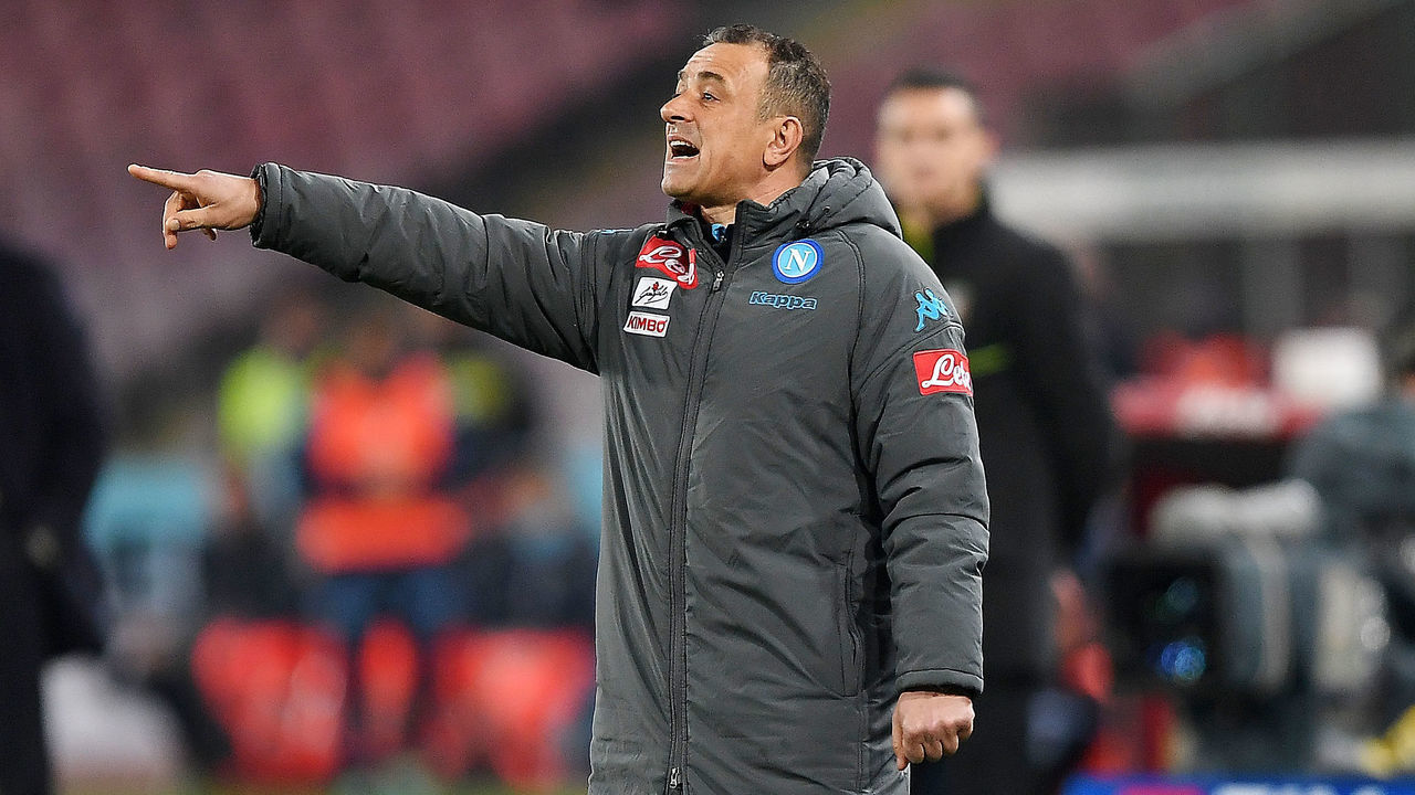 NAPLES, ITALY - FEBRUARY 10: Assistant coach of SSC Napoli Francesco Calzona gestures during the serie A match between SSC Napoli and SS Lazio at Stadio San Paolo on February 10, 2018 in Naples, Italy.