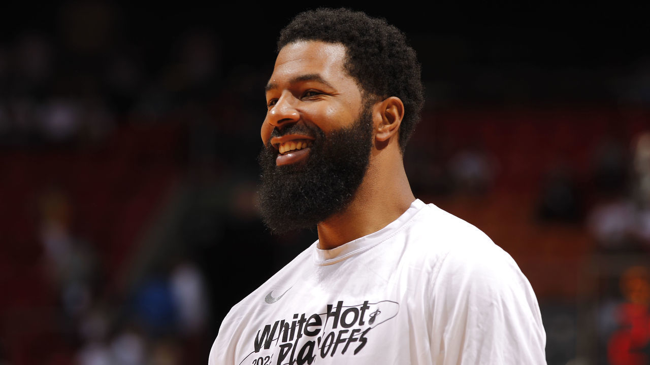 MIAMI, FL - MAY 4: Markieff Morris #8 of the Miami Heat smiles during Game 2 of the 2022 NBA Playoffs Eastern Conference Semifinals on May 4, 2022 at FTX Arena in Miami, Florida. Mandatory Copyright Notice: Copyright 2022 NBAE