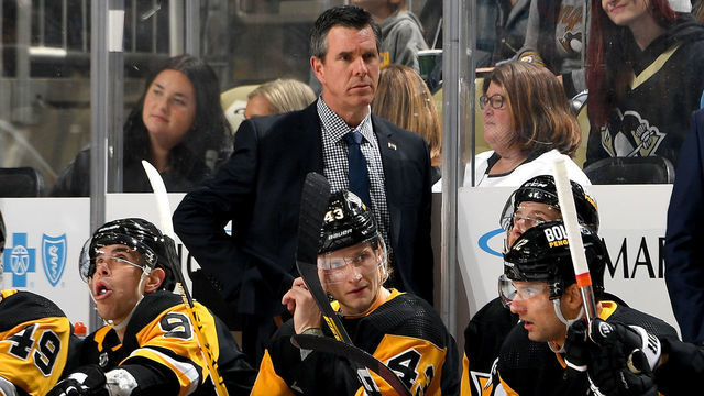 PITTSBURGH, PA - NOVEMBER 16: Mike Sullivan of the Pittsburgh Penguins looks on against the Buffalo Sabres at PPG PAINTS Arena on November 16, 2021 in Pittsburgh, Pennsylvania.
