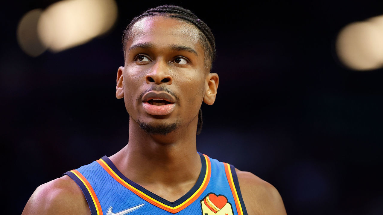 PHOENIX, ARIZONA - DECEMBER 23: Shai Gilgeous-Alexander #2 of the Oklahoma City Thunder walks to the bench during the second half of the NBA game against the Phoenix Suns at Footprint Center on December 23, 2021 in Phoenix, Arizona. The Suns defeated the Thunder 113-101.