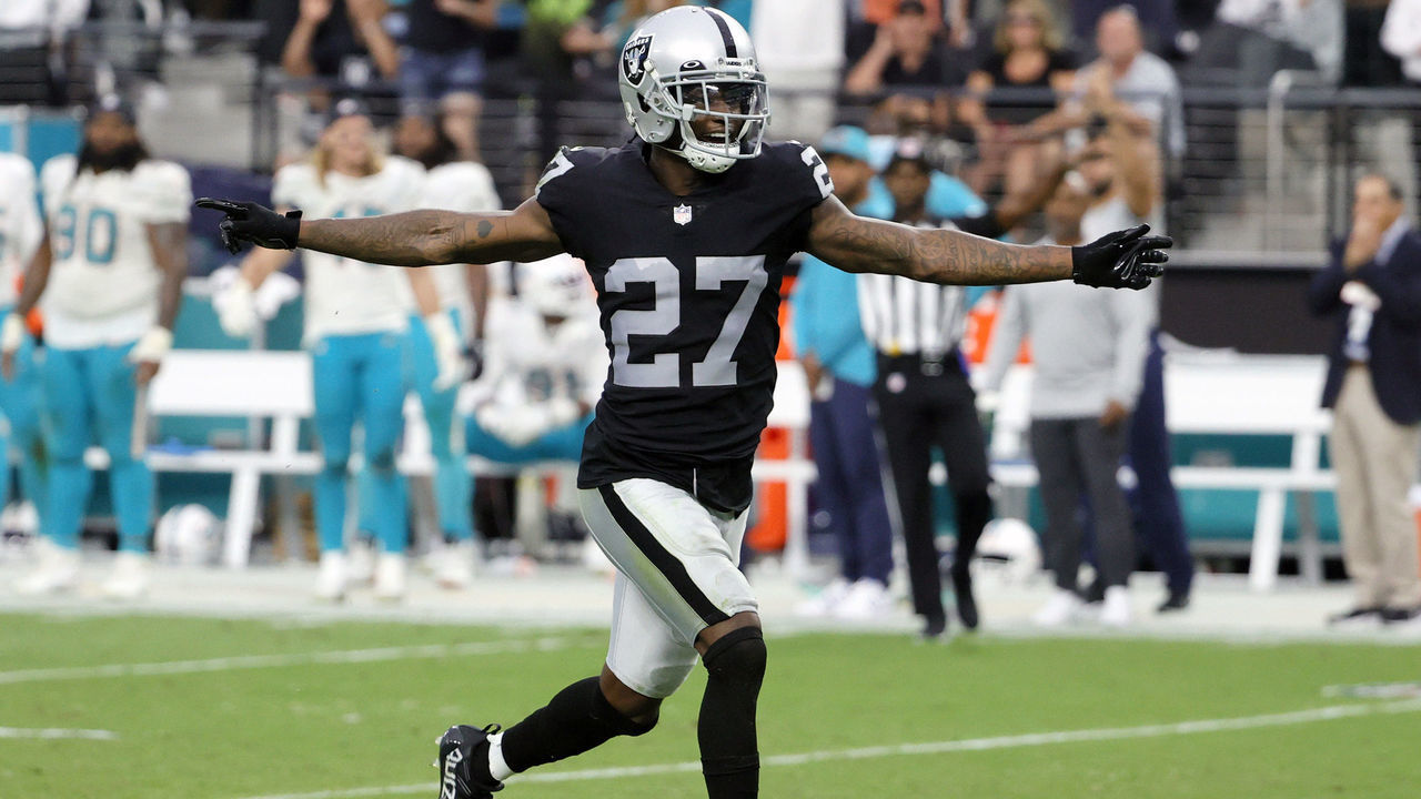 LAS VEGAS, NEVADA - SEPTEMBER 26: Cornerback Trayvon Mullen Jr. #27 of the Las Vegas Raiders celebrates after breaking up a pass intended for wide receiver DeVante Parker #11 of the Miami Dolphins on a third-and-20 play during their game at Allegiant Stadium on September 26, 2021 in Las Vegas, Nevada. The Raiders defeated the Dolphins 31-28 in overtime.