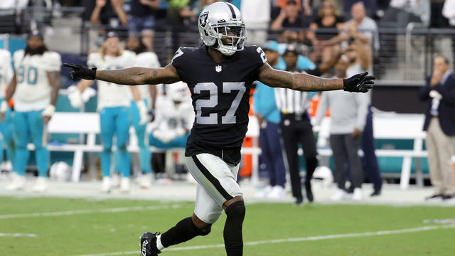 LAS VEGAS, NEVADA - SEPTEMBER 26: Cornerback Trayvon Mullen Jr. #27 of the Las Vegas Raiders celebrates after breaking up a pass intended for wide receiver DeVante Parker #11 of the Miami Dolphins on a third-and-20 play during their game at Allegiant Stadium on September 26, 2021 in Las Vegas, Nevada. The Raiders defeated the Dolphins 31-28 in overtime.