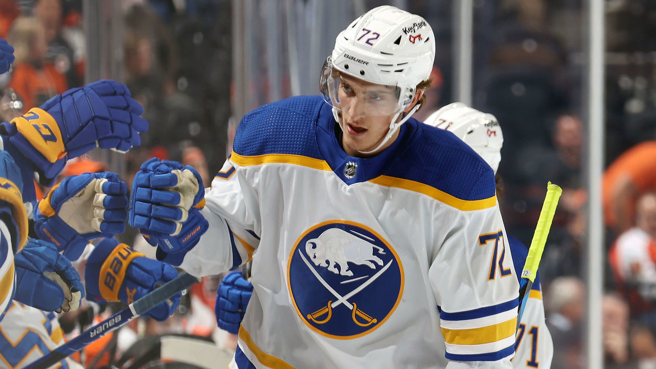 PHILADELPHIA, PA - APRIL 17: Tage Thompson #72 of the Buffalo Sabres celebrates his empty net goal with teammates on the bench against the Philadelphia Flyers at the Wells Fargo Center on April 17, 2022 in Philadelphia, Pennsylvania.