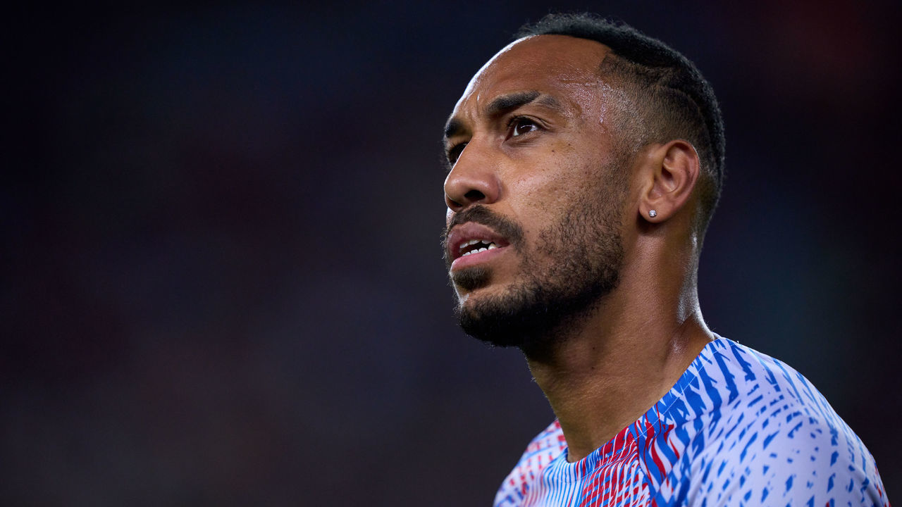 BARCELONA, SPAIN - AUGUST 24: Pierre-Emerick Aubameyang of FC Barcelona looks on prior to the friendly match between FC Barcelona and Manchester City at Spotify Camp Nou on August 24, 2022 in Barcelona, Spain.