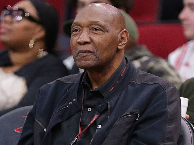 HOUSTON, TEXAS - JANUARY 28: Former Houston Rocket Elvin Hayes sits court-side as the Houston Rockets play the Portland Trail Blazers at Toyota Center on January 28, 2022 in Houston, Texas.