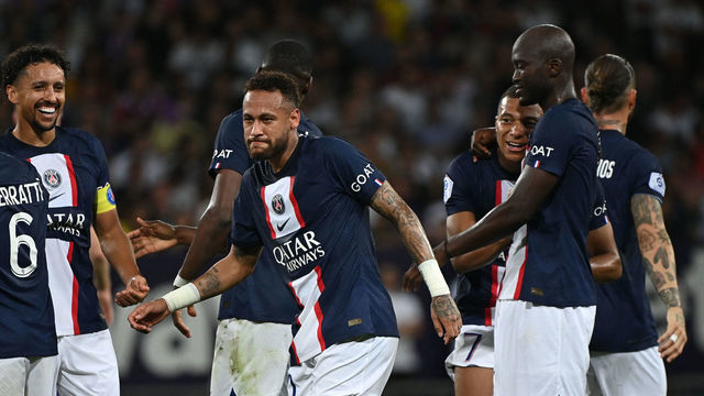 Paris Saint-Germain's Brazilian defender Marquinhos (L) and Paris Saint-Germain's Brazilian forward Neymar celebrate the goal scored by Paris Saint-Germain's French forward Kylian Mbappe (3rdR) during the French L1 football match between Toulouse FC and Paris-Saint Germain (PSG) at Stadium TFC in Toulouse, southwestern France, on August 31, 2022.