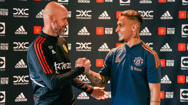 MANCHESTER, ENGLAND - SEPTEMBER 01: New Manchester United signing Antony is greeted by Manchester United Head Coach / Manager Erik ten Hag at Carrington Training Ground on September 01, 2022 in Manchester, England.