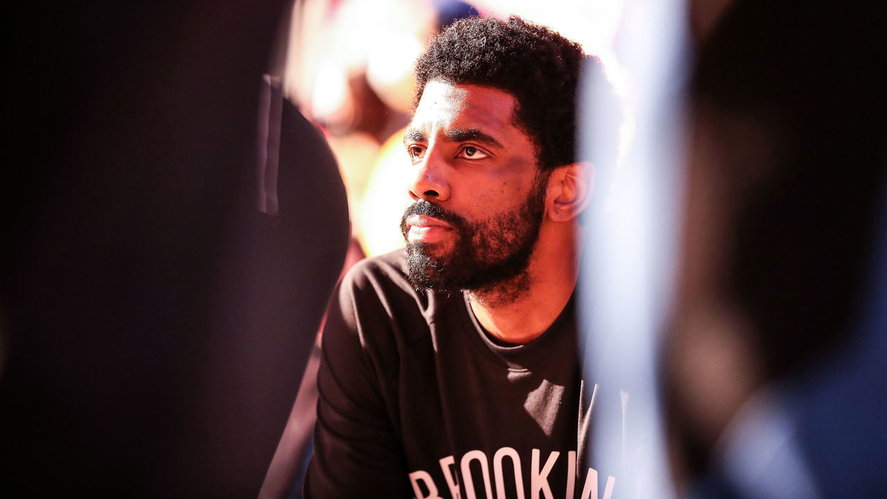 SAN FRANCISCO, CA - JANUARY 29: Kyrie Irving #11 of the Brooklyn Nets on the bench prior to the game against the Golden State Warriors at Chase Center on January 29, 2022 in San Francisco, California. NOTE TO USER: User expressly acknowledges and agrees that, by downloading and/or using this photograph, User is consenting to the terms and conditions of the Getty Images License Agreement.