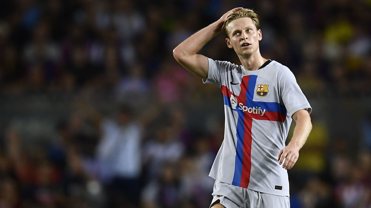 Frenkie de Jong central midfield of Barcelona and Netherlands gestures during the friendly match between FC Barcelona and Manchester City at Camp Nou on August 24, 2022 in Barcelona, Spain.