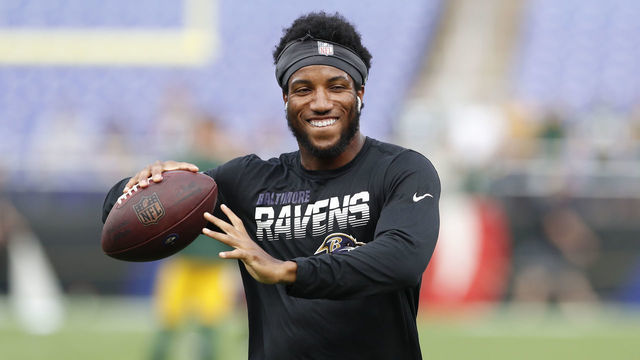 BALTIMORE, MARYLAND - AUGUST 15: Marlon Humphrey #44 of the Baltimore Ravens warms up prior to a preseason game against the Green Bay Packers at M&T Bank Stadium on August 15, 2019 in Baltimore, Maryland.