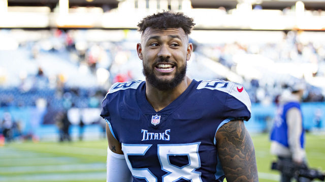 NASHVILLE, TENNESSEE - DECEMBER 12: Harold Landry III #58 of the Tennessee Titans walks off the field after a game against the Jacksonville Jaguars at Nissan Stadium on December 12, 2021 in Nashville, Tennessee. The Titans defeated the Jaguars 20-0.