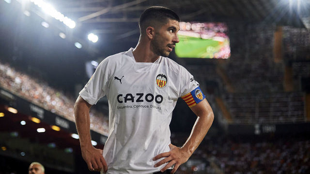 Carlos Soler central midfield of Valencia and Spain during the La Liga Santander match between Valencia CF and Atletico de Madrid at Estadio Mestalla on August 29, 2022 in Valencia, Spain.