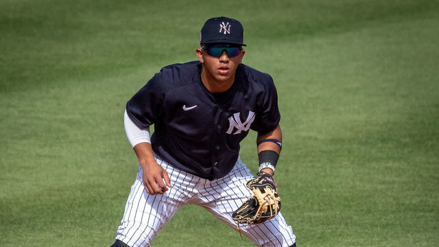 Tampa, Fla.: New York Yankees' prospect Oswald Peraza playing shortstop in a spring training game against the Detroit Tigers in the sixth inning at George M. Steinbrenner Field in Tampa, Florida, on March 5, 2021.