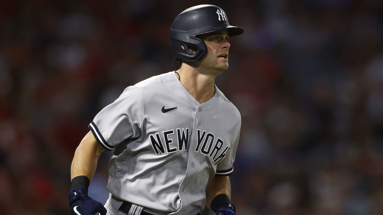 ANAHEIM, CALIFORNIA - AUGUST 30: Andrew Benintendi #18 of the New York Yankees in the fourth inning at Angel Stadium of Anaheim on August 30, 2022 in Anaheim, California.