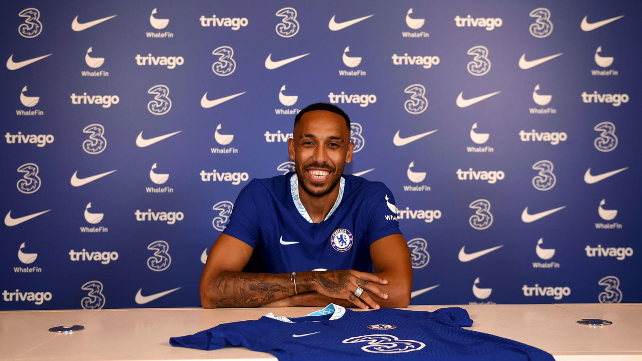 COBHAM, ENGLAND - SEPTEMBER 01: Pierre-Emerick Aubameyang poses for a photograph as he signs for Chelsea at Chelsea Training Ground on September 01, 2022 in Cobham, England.
