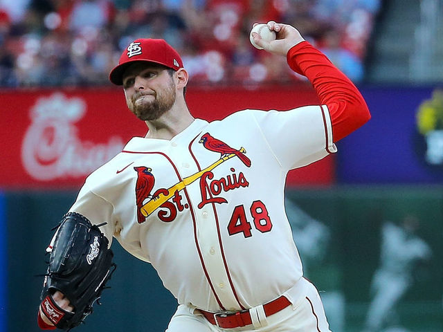 ST. LOUIS, MO - AUGUST 27: Jordan Montgomery #48 of the St. Louis Cardinals delivers a pitch during the first inning against the Atlanta Braves at Busch Stadium on August 27, 2022 in St. Louis, Missouri.
