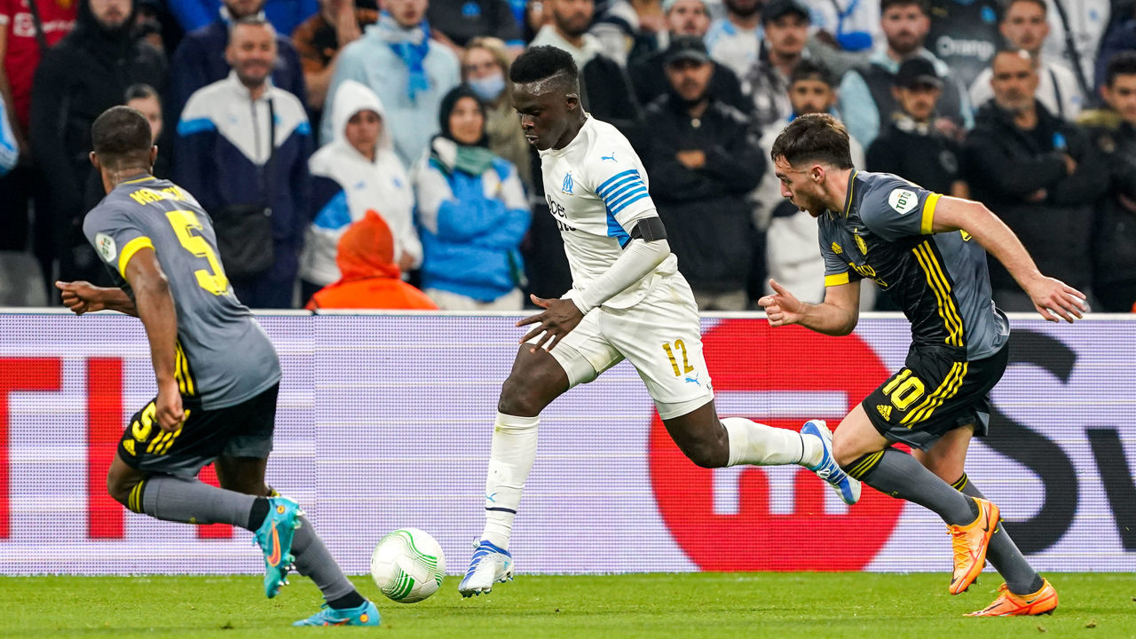 MARSEILLE, FRANCE - MAY 5: Ahmadou Bamba Dieng of Olympique Marseille controls the ball during the UEFA Europa Conference League Semi-Finals, Second Leg match between Olympique Marseille and Feyenoord at Stade Vélodrome on May 5, 2022 in Marseille, France