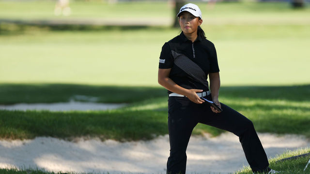 SYLVANIA, OHIO - SEPTEMBER 01: Ruoning Yin of China waits to hit from a fairway bunker on the 18th hole during the first round of the Dana Open presented by Marathon at Highland Meadows Golf Club on September 01, 2022 in Sylvania, Ohio.