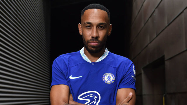 COBHAM, ENGLAND - SEPTEMBER 01: Pierre-Emerick Aubameyang poses for a photograph as he signs for Chelsea at Chelsea Training Ground on September 01, 2022 in Cobham, England.
