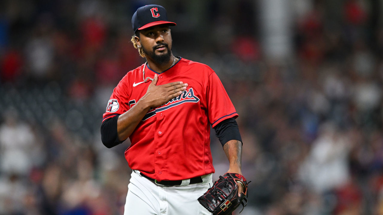 CLEVELAND, OH - AUGUST 30: Emmanuel Clase #48 of the Cleveland Guardians celebrates the teams 5-1 win over the Baltimore Orioles at Progressive Field on August 30, 2022 in Cleveland, Ohio.