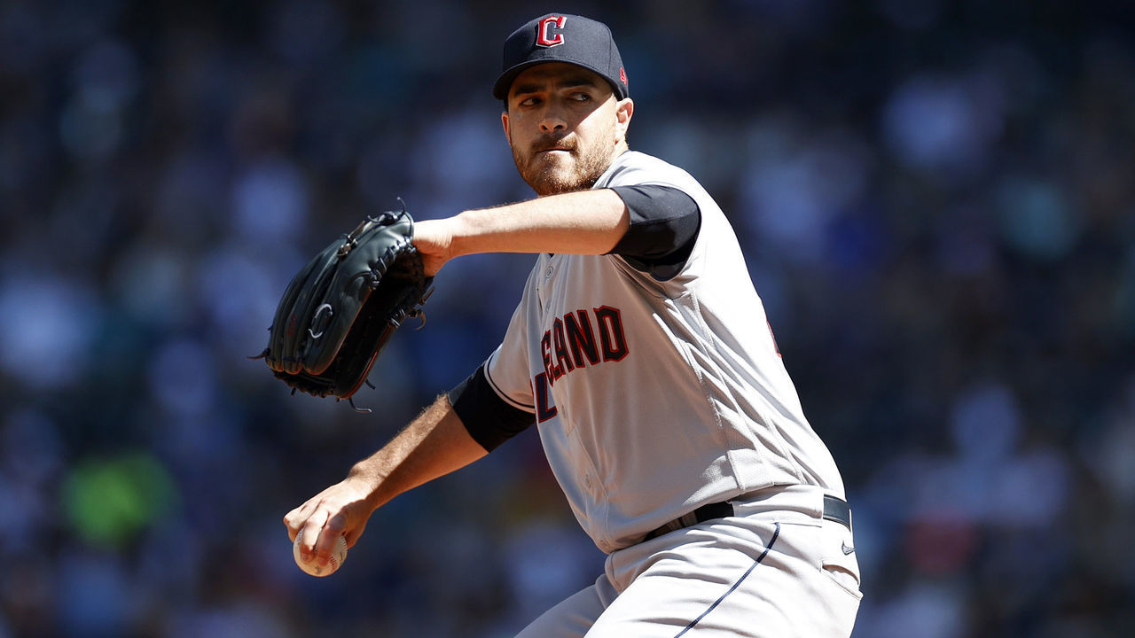 SEATTLE, WASHINGTON - AUGUST 28: Aaron Civale #43 of the Cleveland Guardians pitches during the first inning against the Seattle Mariners at T-Mobile Park on August 28, 2022 in Seattle, Washington.