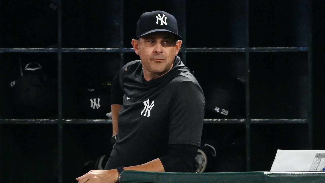 ANAHEIM, CA - AUGUST 29: New York Yankees manager Aaron Boone (17) in the dugout during an MLB baseball game against the Los Angeles Angels played on August 29, 2022 at Angel Stadium in Anaheim, CA.