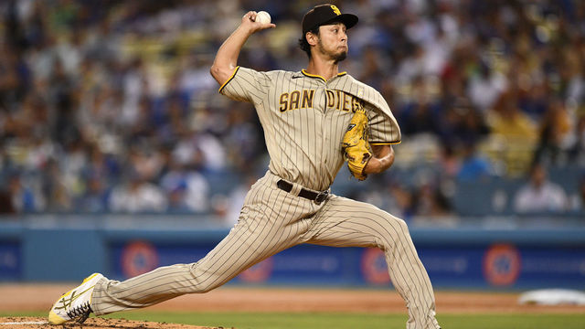 LOS ANGELES, CA - SEPTEMBER 02: San Diego Padres pitcher Yu Darvish (11) throws a pitch during the MLB game between the San Diego Padres and the Los Angeles Dodgers on September 2, 2022 at Dodger Stadium in Los Angeles, CA.
