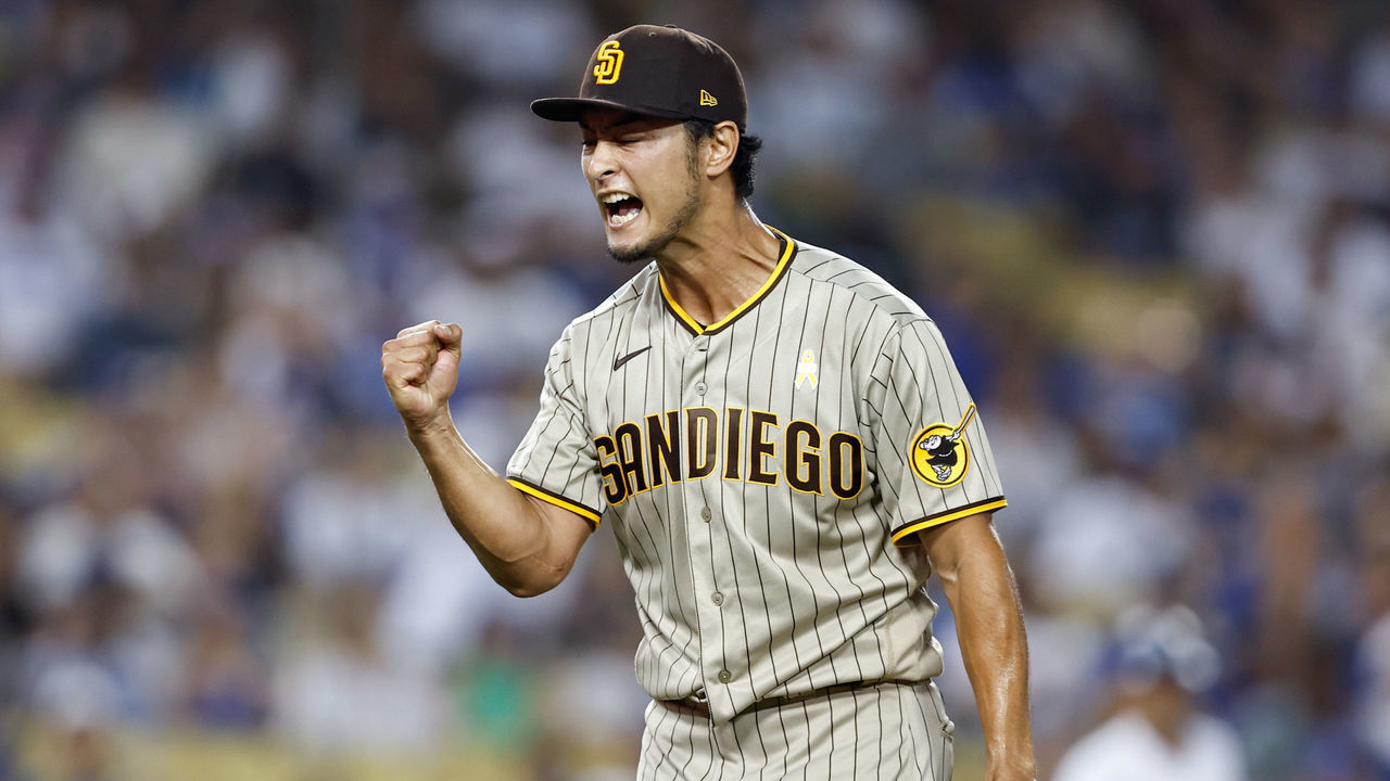 LOS ANGELES, CA - SEPTEMBER 02: Yu Darvish #11 of the San Diego Padres reacts in the seventh inning during the game between the San Diego Padres and the Los Angeles Dodgers at Dodgers Stadium on Friday, September 2, 2022 in Los Angeles, California.