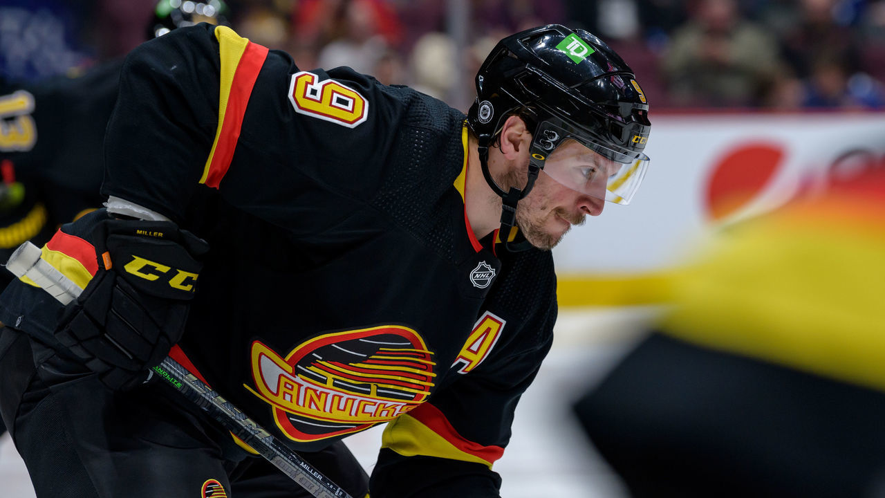 VANCOUVER, BC - APRIL 28: Vancouver Canucks center J.T. Miller (9) waits for a face-off during their NHL game against the Los Angeles Kings at Rogers Arena on April 28, 2022 in Vancouver, British Columbia, Canada.