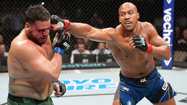 PARIS, FRANCE - SEPTEMBER 03: (R-L) Ciryl Gane of France punches Tai Tuivasa of Australia in a heavyweight fight during the UFC Fight Night event at The Accor Arena on September 03, 2022 in Paris, France.