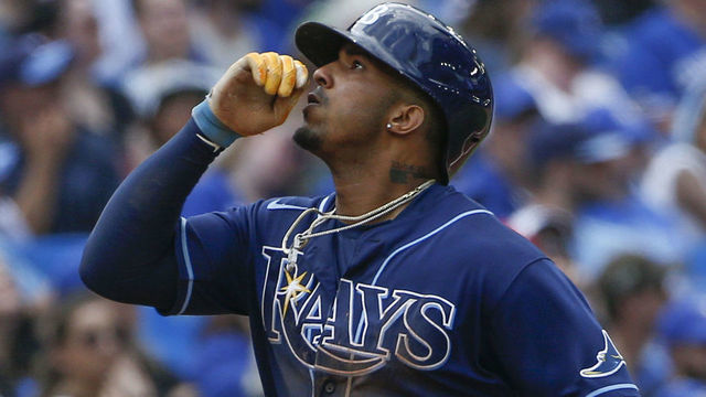 NO PHOTO CREDIT TORONTO, ON - JULY 2: Tampa Bay Rays shortstop Wander Franco (5) looks to the heavens as he comes down the 3rd base line after hitting a solo Home Run. Toronto Blue Jays Vs Tampa Bay Rays during MLB regular season matchup at Rogers Centre in Toronto. Jays lost 6-2. Toronto Star (Rick Madonik/Toronto Star via Getty Images)