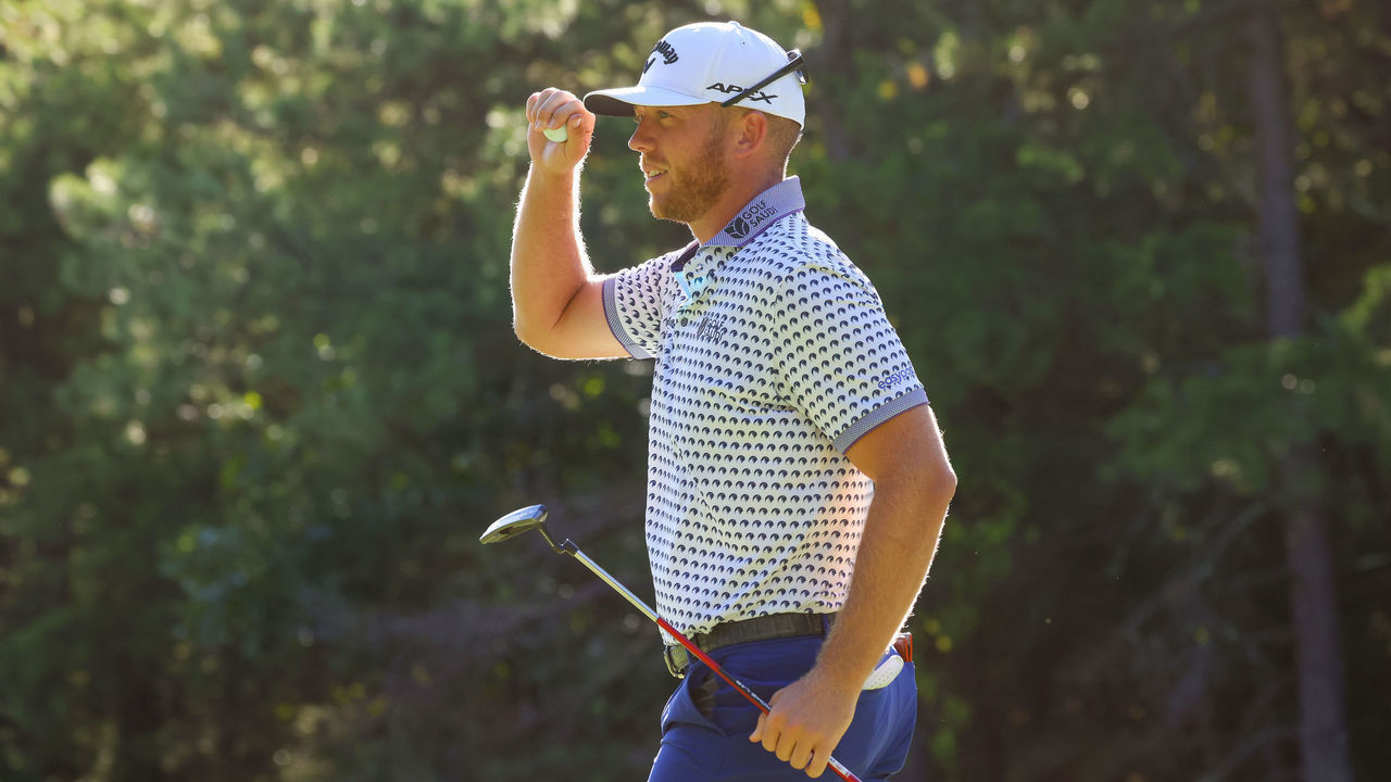 BOLTON, MASSACHUSETTS - SEPTEMBER 03: Talor Gooch of 4 Aces GC reacts after a birdie putt on the 15th green during Day Two of the LIV Golf Invitational - Boston at The Oaks golf course at The International on September 03, 2022 in Bolton, Massachusetts.