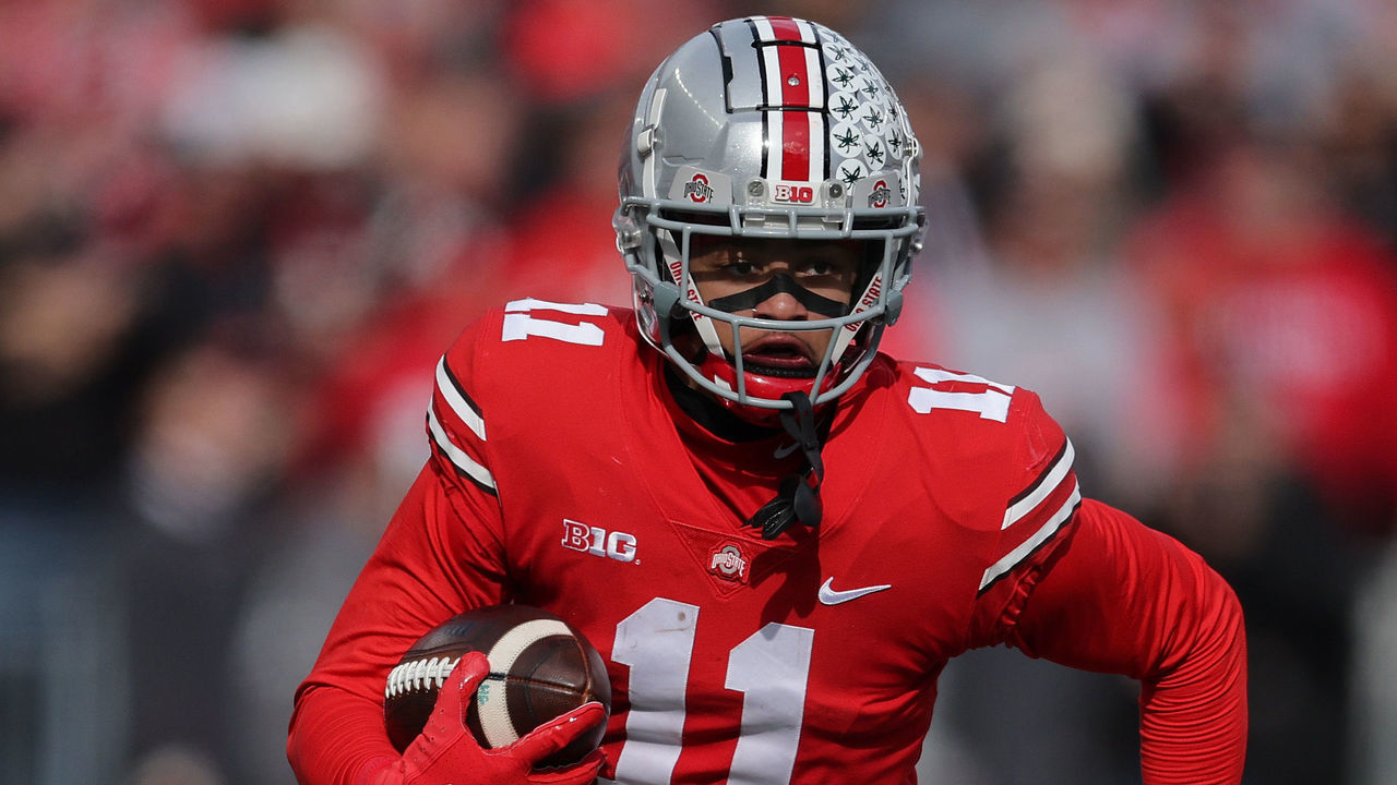 COLUMBUS, OHIO - NOVEMBER 20: Jaxon Smith-Njigba #11 of the Ohio State Buckeyes plays against the Michigan State Spartans at Ohio Stadium on November 20, 2021 in Columbus, Ohio.