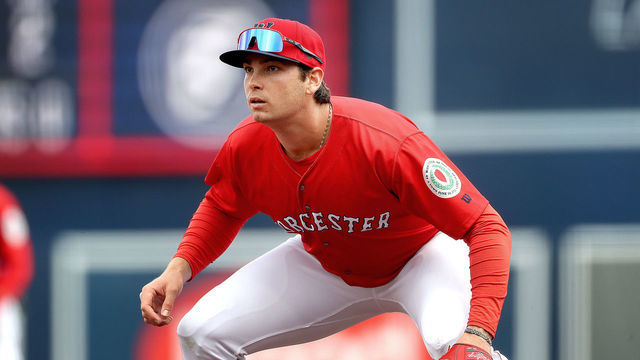 Worcester, MA - April 27: Sox Triston Casas at 1st base. The Worcester Red Sox played Buffalo Bisons at Polar Park in Worcester, MA on April 27, 2022.