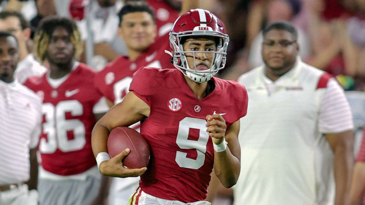 TUSCALOOSA, ALABAMA - SEPTEMBER 3: Bryce Young #9 of the Alabama Crimson Tide runs down the sideline during the first half against the Utah State Aggies at Bryant Denny Stadium on September 3, 2022 in Tuscaloosa, Alabama.