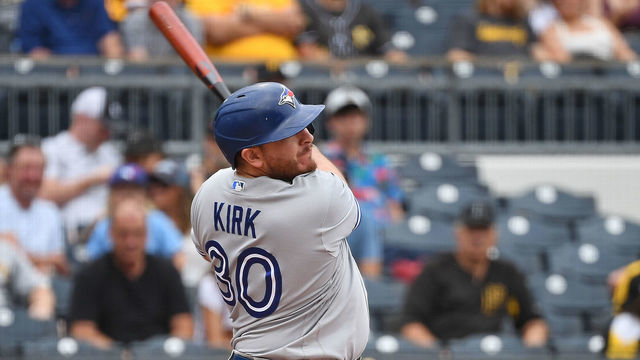 PITTSBURGH, PA - SEPTEMBER 04: Alejandro Kirk #30 of the Toronto Blue Jays hits an RBI single to right field in the third inning during the game against the Pittsburgh Pirates at PNC Park on September 4, 2022 in Pittsburgh, Pennsylvania.