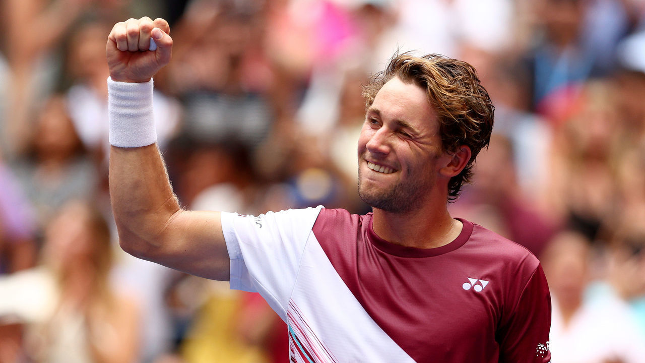 NEW YORK, NEW YORK - SEPTEMBER 04: Casper Ruud of Norway reacts to match point against Corentin Moutet of France during their Men's Singles Fourth Round match on Day Seven of the 2022 US Open at USTA Billie Jean King National Tennis Center on September 04, 2022 in the Flushing neighborhood of the Queens borough of New York City.