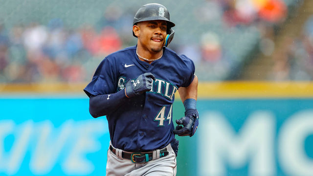 CLEVELAND, OH - SEPTEMBER 04: Seattle Mariners center fielder Julio Rodriguez (44) rounds the bases after hitting a home run during the third inning of the Major League Baseball game between the Seattle Mariners and Cleveland Guardians on September 4, 2022, at Progressive Field in Cleveland, OH.