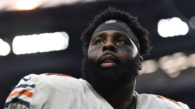LAS VEGAS, NEVADA - OCTOBER 10: Offensive tackle Jason Peters #71 of the Chicago Bears reacts after a victory against the Las Vegas Raiders at Allegiant Stadium on October 10, 2021 in Las Vegas, Nevada. The Bears defeated the Raiders 20-9.