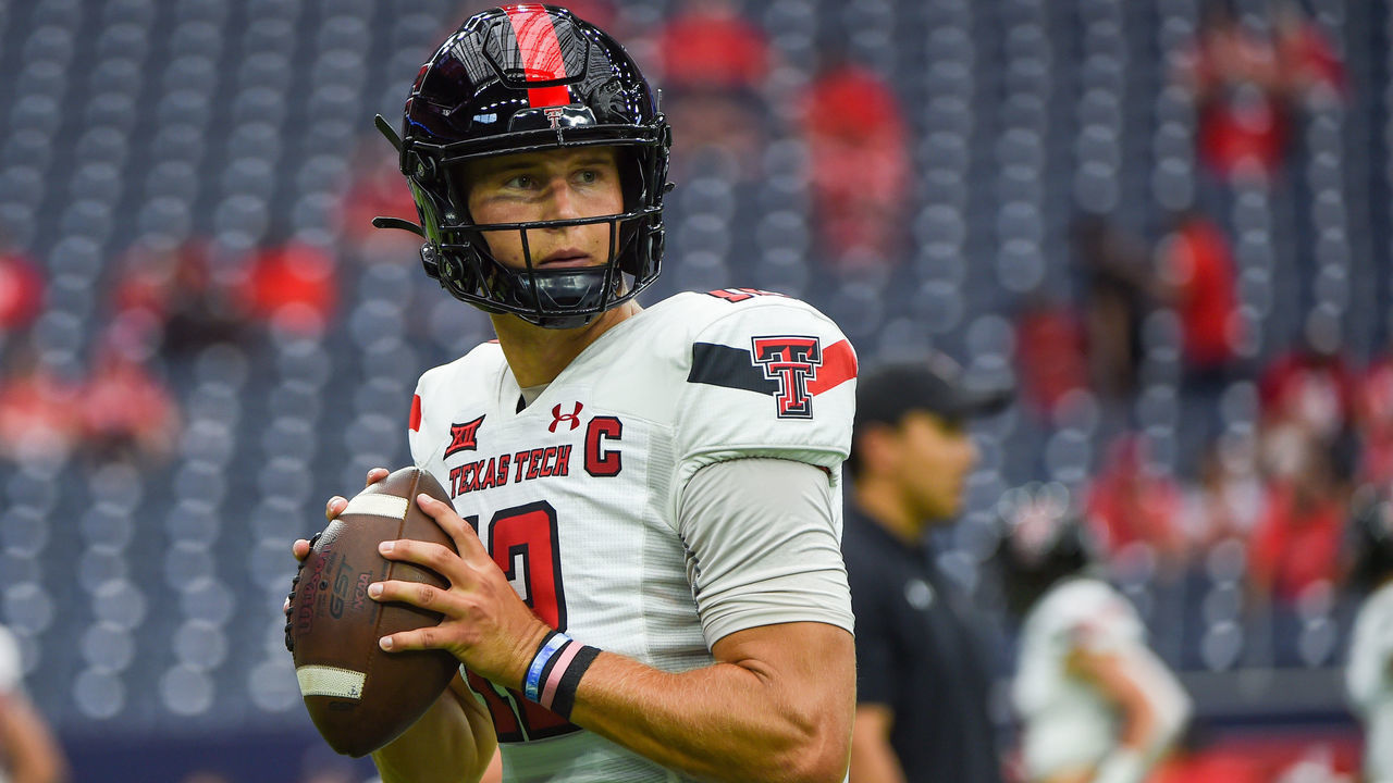 HOUSTON, TX - SEPTEMBER 04: Texas Tech Red Raiders quarterback Tyler Shough (12) warms up before the football game between the Texas Tech Red Raiders and University of Houston Cougars at NRG Stadium on September 4, 2021 in Houston, Texas.