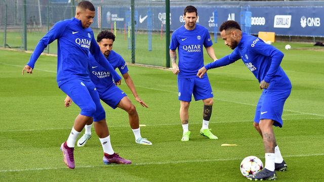 PARIS, FRANCE - SEPTEMBER 05: (L-R) Kylian Mbappe, Marquinhos, Leo Messi and Neymar Jr in action during a Paris Saint-Germain training session ahead of their UEFA Champions League group H match against Juventus at Camp des Loges on September 05, 2022 in Paris, France.