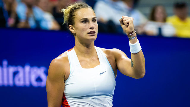 NEW YORK, NEW YORK - SEPTEMBER 05: Aryna Sabalenka of Belarus celebrates winning a point against Danielle Collins of the United States in her fourth round match on Day 8 of the US Open Tennis Championships at USTA Billie Jean King National Tennis Center on September 05, 2022 in New York City