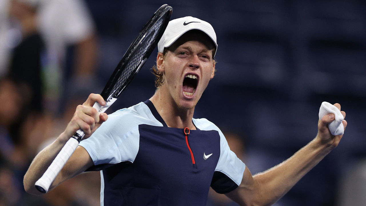 NEW YORK, NEW YORK - SEPTEMBER 05: Jannik Sinner of Italy celebrates match point against Ilya Ivashka during their Men’s Singles Fourth Round match on Day Eight of the 2022 US Open at USTA Billie Jean King National Tennis Center on September 05, 2022 in the Flushing neighborhood of the Queens borough of New York City.