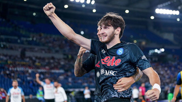 Khvicha Kvaratskhelia of SSC Napoli celebrates after scoring second goal during the Serie A match between SS Lazio and SSC Napoli at Stadio Olimpico, Rome, Italy on 3 September 2022.