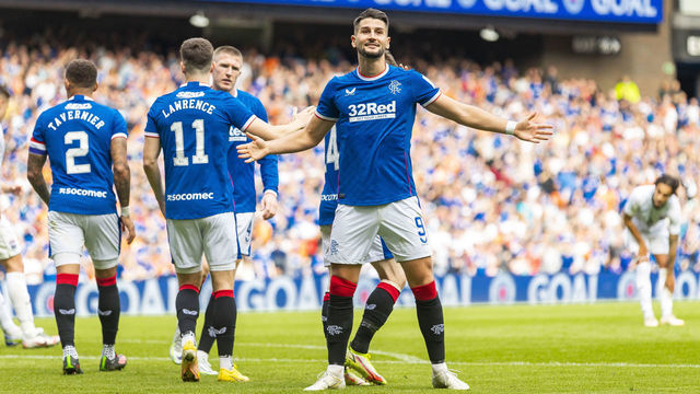 GLASGOW, SCOTLAND - AUGUST 27: Antonio Colak of Rangers FC celebrates after scoring his team's third goal during the Cinch Scottish Premiership match between Rangers FC and Ross County FC on August 27, 2022 in Glasgow, United Kingdom.