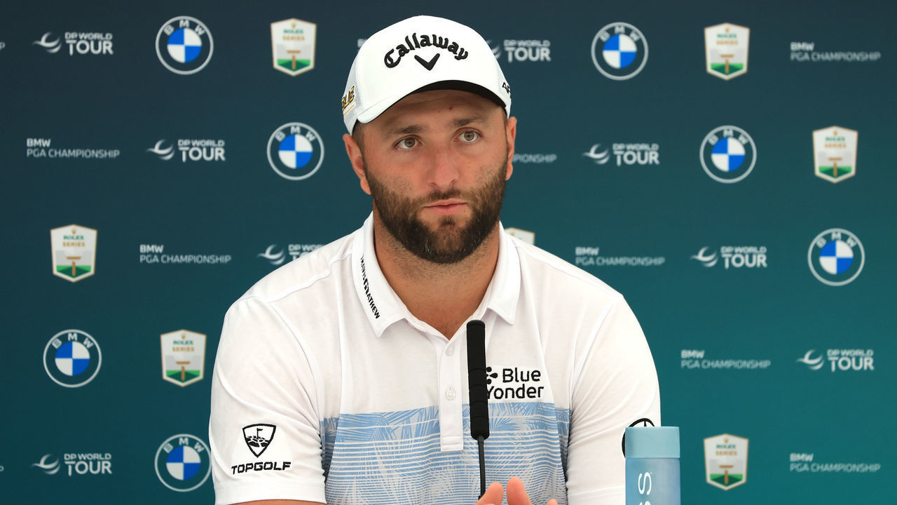 VIRGINIA WATER, ENGLAND - SEPTEMBER 06: Jon Rahm of Spain talks to the media prior to the BMW PGA Championship at Wentworth Golf Club on September 06, 2022 in Virginia Water, England.