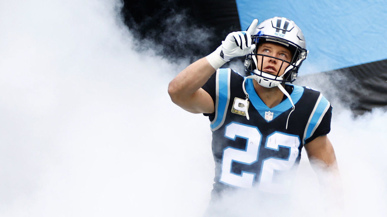 CHARLOTTE, NORTH CAROLINA - NOVEMBER 21: Christian McCaffrey #22 of the Carolina Panthers is introduced prior to the game against the Washington Football Team at Bank of America Stadium on November 21, 2021 in Charlotte, North Carolina.