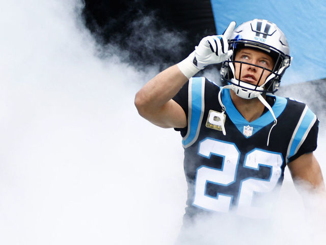 CHARLOTTE, NORTH CAROLINA - NOVEMBER 21: Christian McCaffrey #22 of the Carolina Panthers is introduced prior to the game against the Washington Football Team at Bank of America Stadium on November 21, 2021 in Charlotte, North Carolina.